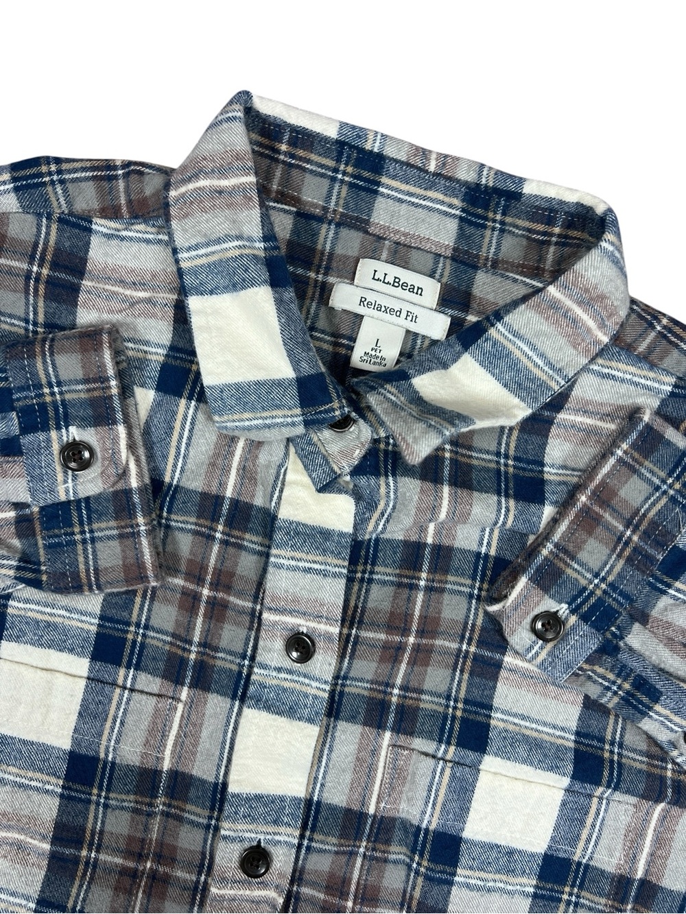 LL Bean Scotch Plaid Flannel Shirt Women’s Large blue gray soft relaxed fit
